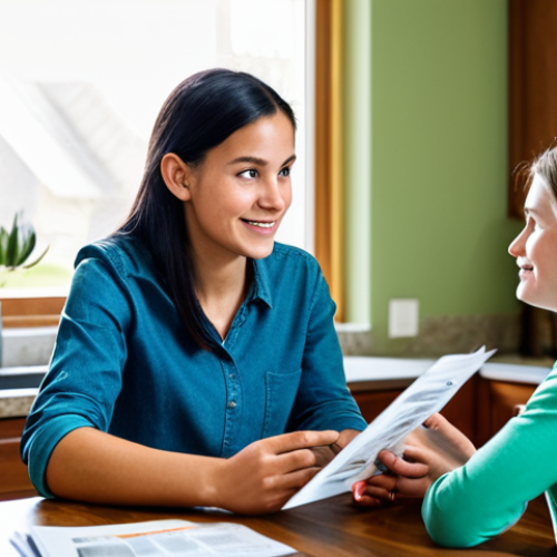 Parent and Teenager Discussing Health**

A fully clothed mother sits at a table in a bright, family-friendly kitchen, talking to her teenage daughter. The daughter is also fully clothed in modest casual attire. They are looking at a brochure about reproductive health. Safe for work, appropriate content, professional, modest, perfect anatomy, natural proportions, well-formed hands, proper finger count.

**