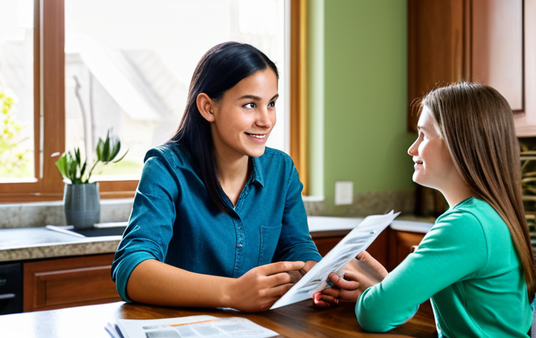 Parent and Teenager Discussing Health**

A fully clothed mother sits at a table in a bright, family-friendly kitchen, talking to her teenage daughter. The daughter is also fully clothed in modest casual attire. They are looking at a brochure about reproductive health. Safe for work, appropriate content, professional, modest, perfect anatomy, natural proportions, well-formed hands, proper finger count.

**