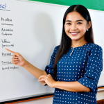 **

"A young Malaysian woman, smiling confidently, fully clothed in a modest baju kurung, standing in front of a brightly lit classroom with a whiteboard visible in the background. The whiteboard has diagrams of the human body. Safe for work, appropriate content, professional, family-friendly, perfect anatomy, natural pose, well-formed hands, proper finger count, natural body proportions."

**