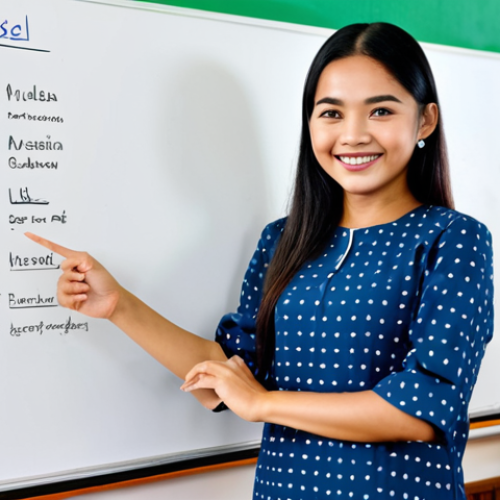 **

"A young Malaysian woman, smiling confidently, fully clothed in a modest baju kurung, standing in front of a brightly lit classroom with a whiteboard visible in the background. The whiteboard has diagrams of the human body. Safe for work, appropriate content, professional, family-friendly, perfect anatomy, natural pose, well-formed hands, proper finger count, natural body proportions."

**