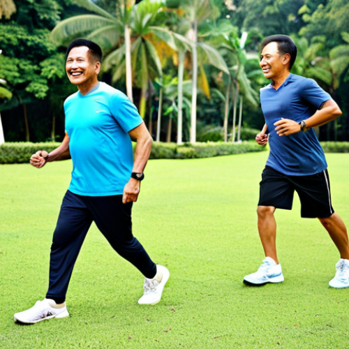 Healthy Lifestyle**

A diverse group of Malaysian men of various ages are engaging in healthy activities outdoors. One man is jogging in a park, another is preparing a nutritious meal with fresh local produce, and a third is practicing yoga in a peaceful garden setting. Everyone is fully clothed in appropriate athletic wear and comfortable casual attire. The scene is bright and vibrant, showcasing a positive and active lifestyle. Emphasize the importance of healthy eating and exercise for overall well-being. Safe for work, appropriate content, fully clothed, professional, family-friendly, perfect anatomy, correct proportions, natural pose, high quality, well-formed hands, proper finger count, natural body proportions.

**
