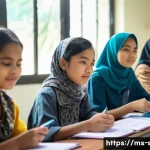 성교육과 성적 충동 조절 - A diverse group of Malaysian teenagers sitting in a bright, modern classroom engaged in an interacti...