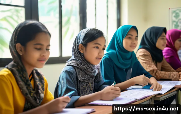 성교육과 성적 충동 조절 - A diverse group of Malaysian teenagers sitting in a bright, modern classroom engaged in an interacti...
