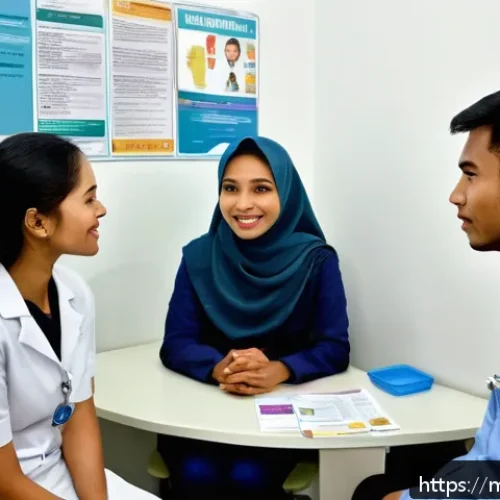 성교육과 성병 예방 - A respectful and informative medical consultation scene in a modern Malaysian clinic, showing a youn...