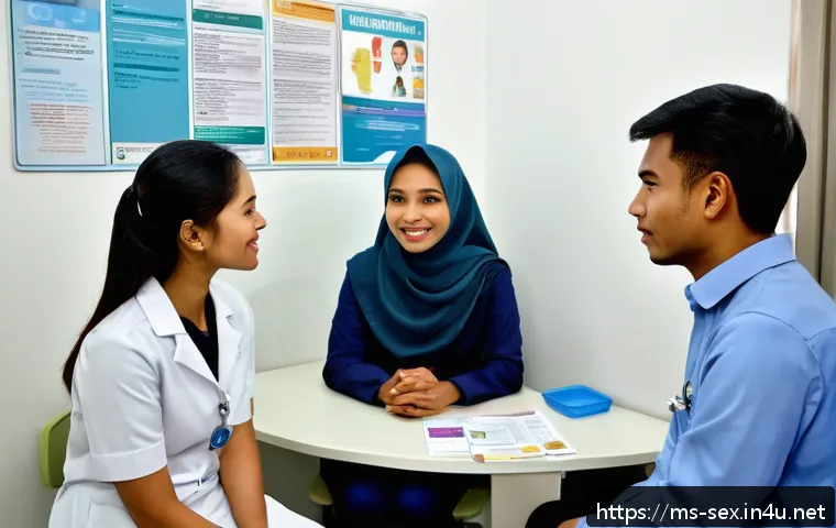 성교육과 성병 예방 - A respectful and informative medical consultation scene in a modern Malaysian clinic, showing a youn...