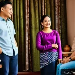 성교육과 성적 욕망의 사회적 영향 - A warm and inviting Malaysian family living room scene showing a mother and father openly discussing...